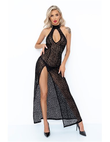 Robe longue fendue en tulle léopard F288