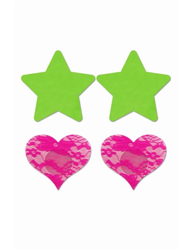 Set caches-tétons étoile vert fluo et cur rose fluo